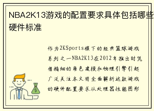 NBA2K13游戏的配置要求具体包括哪些硬件标准